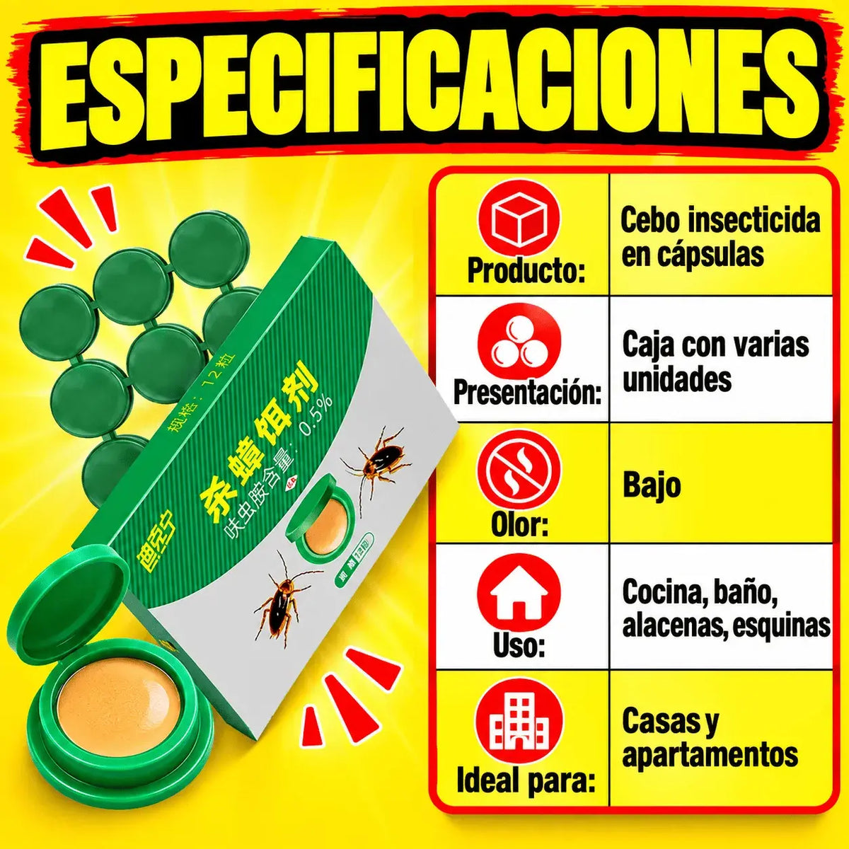 Cebo Matacucarachas en Cápsulas Listo para Usar – Elimina Cucarachas desde el Nido, Bajo Olor, Para Cocina, Baño y Alacenas