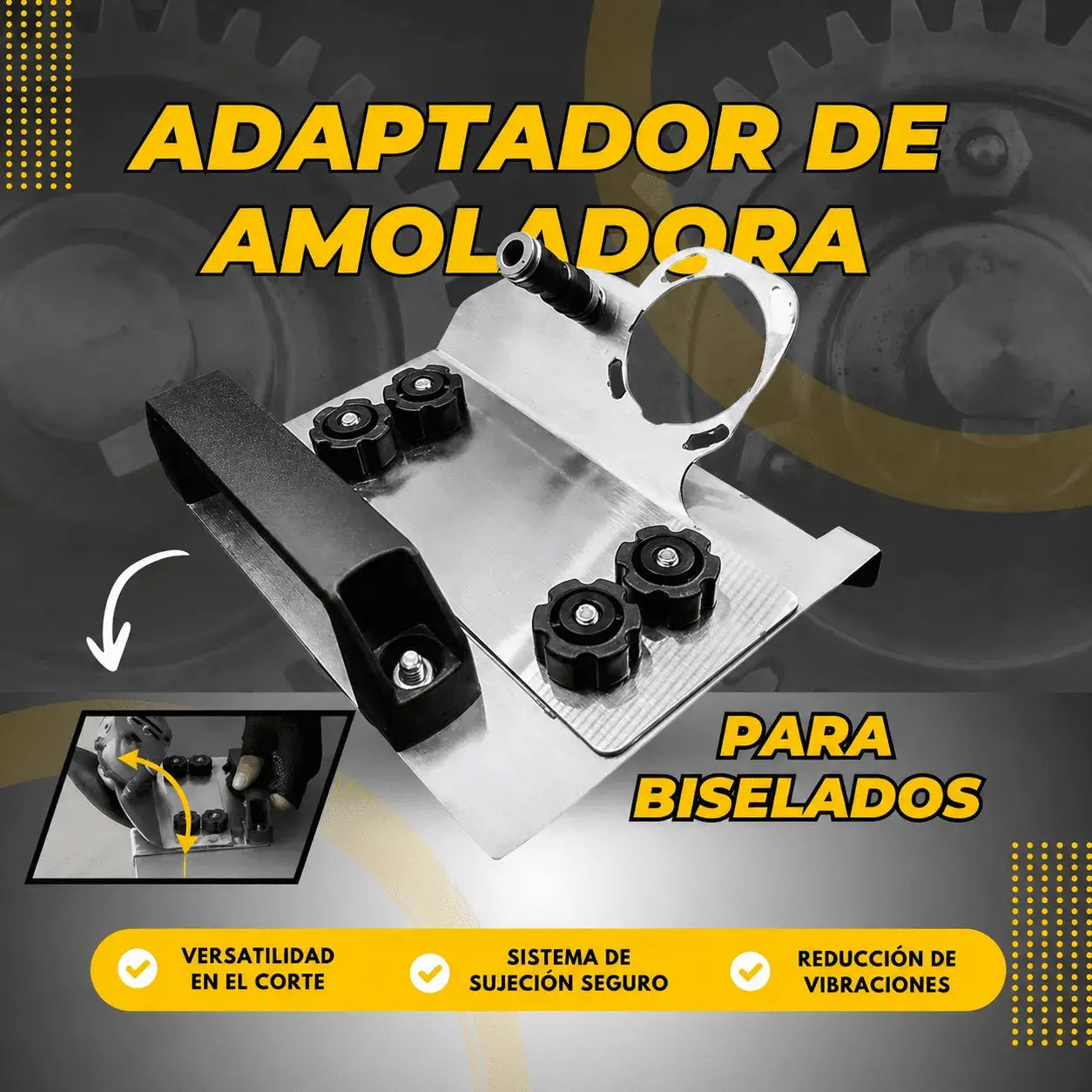 Adaptador biselador ajustable en acero para pulidora angular, ideal para cortes, acabados y biselados con mayor precisión en trabajos de taller o ferretería.