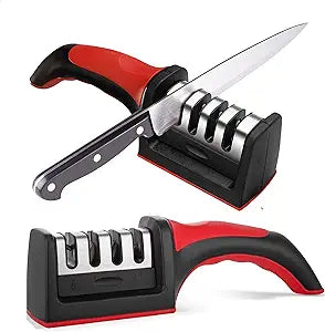 Afilador de cuchillos de 3 ranuras en acero inoxidable. Fácil de usar, seguro y eficiente para mantener el filo en la cocina.