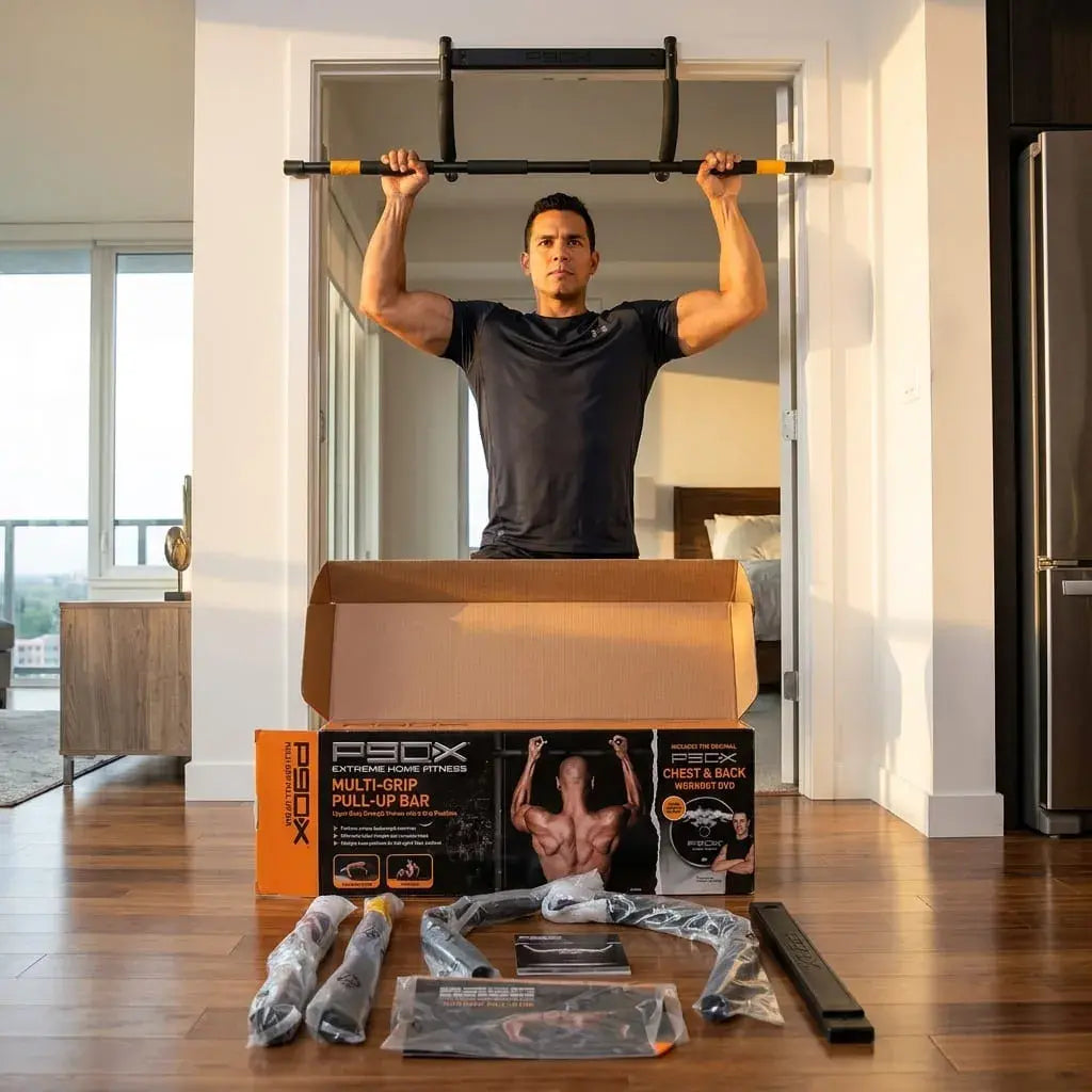 Barra multifuncional para dominadas DROPS P90X, ideal para entrenamiento en casa, fuerza, espalda, brazos, hombros, pecho y ejercicios con peso corporal.
