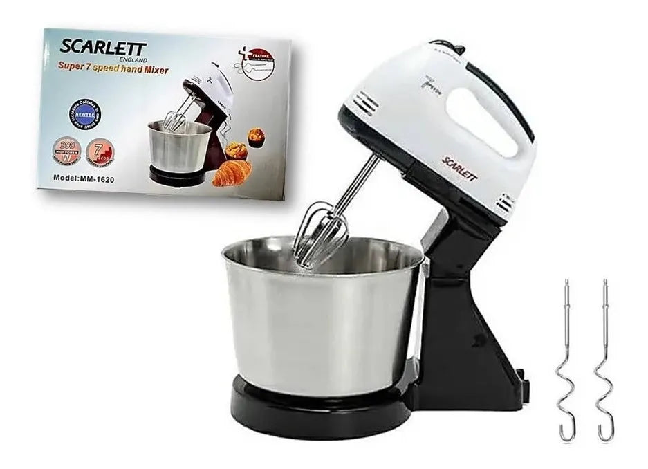 Batidora de mano Scarllet 500W con bowl de 4L, 5 velocidades y función turbo. Ideal para mezclar y batir grandes cantidades de forma rápida y eficiente.