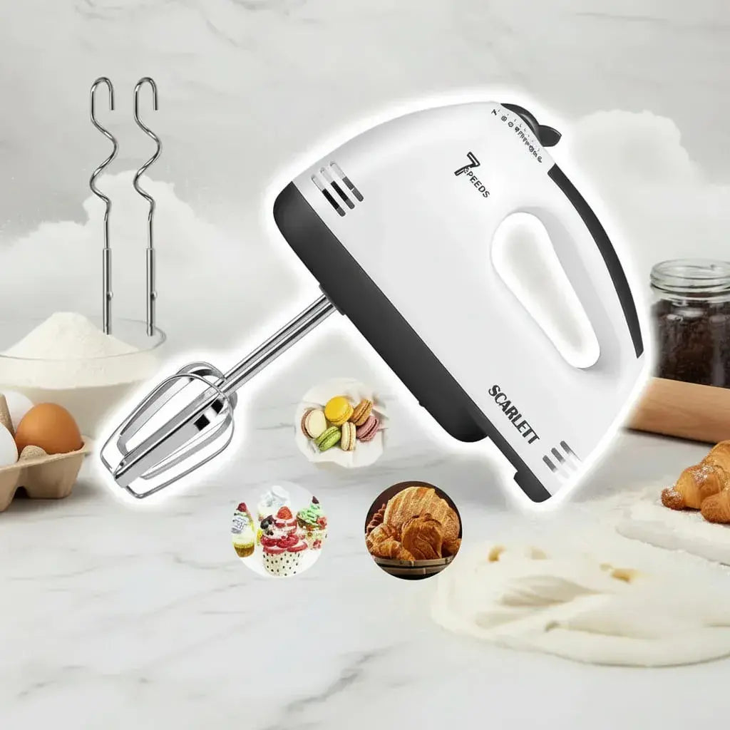 Batidora de mano eléctrica ligera con accesorios para mezclar, batir y amasar. Ideal para cocina doméstica y preparaciones de repostería.