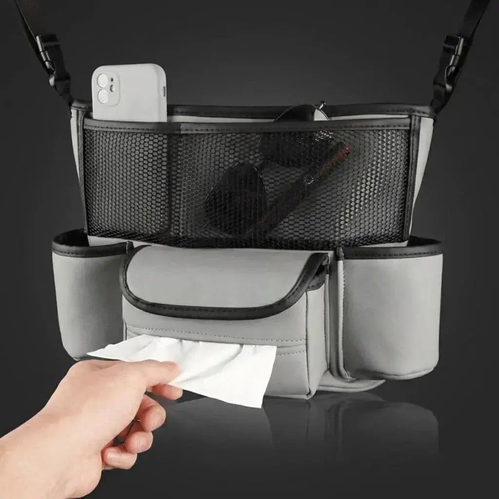 Bolsa organizadora para silla de auto con múltiples bolsillos y porta tablet, impermeable y fácil de instalar para mantener el vehículo ordenado.