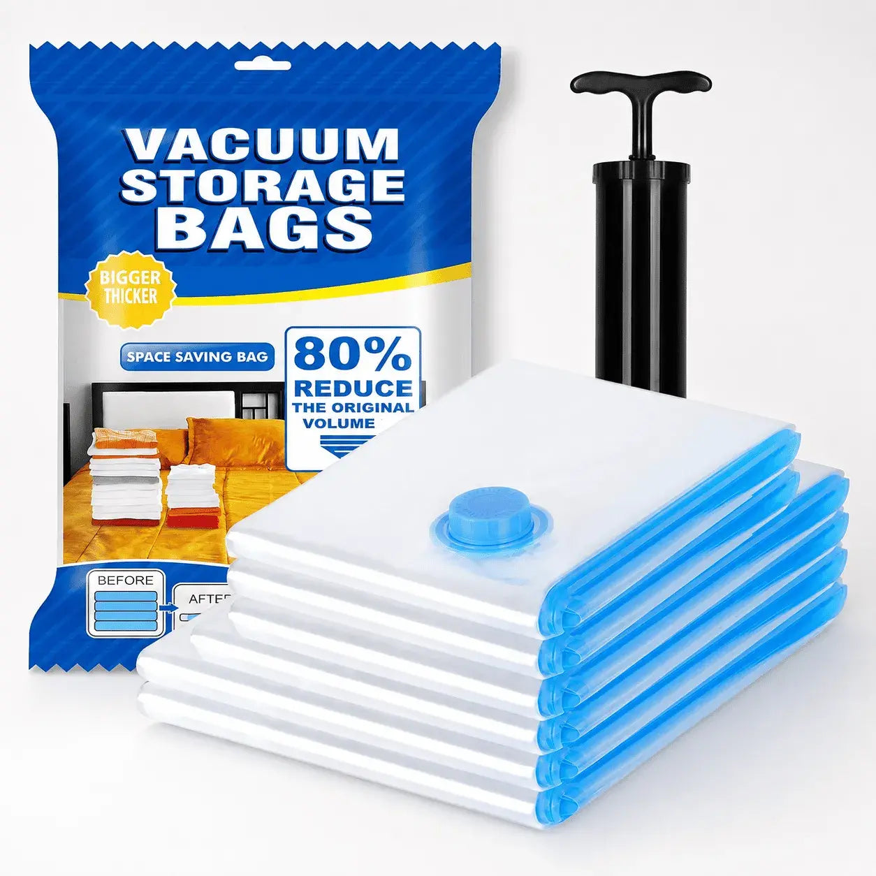 Compra bolsas de almacenamiento al vacío reutilizables con bomba de mano, ideales para ahorrar espacio y organizar ropa de forma práctica.