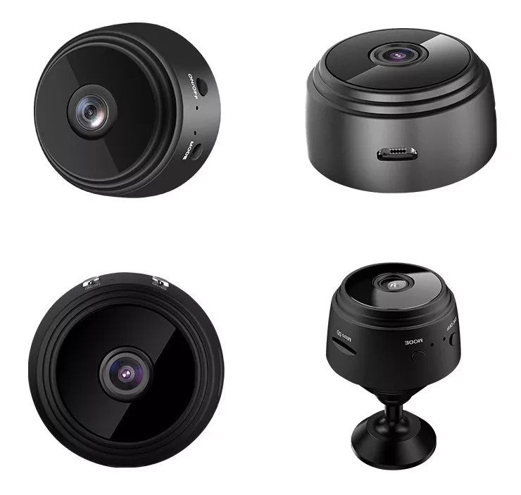 Cámara A9 WiFi 2.4 GHz con imán, soporte giratorio 360°, resolución 720P HD, detección de movimiento, grabación en bucle y soporte micro SD hasta 32 GB.