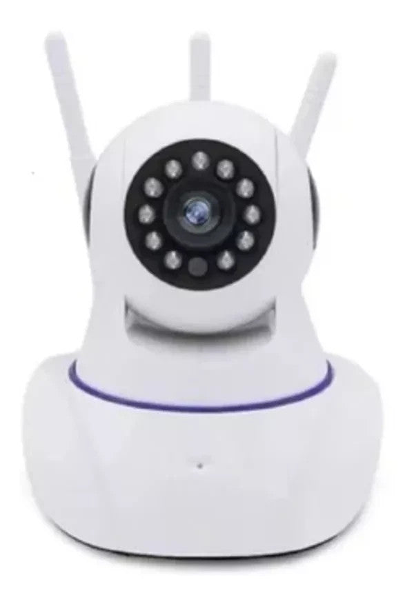 Cámara robótica WiFi 360 V380 Pro con 3 antenas, resolución HD 720p, visión nocturna infrarroja, audio bidireccional, detección de movimiento y soporte microSD.