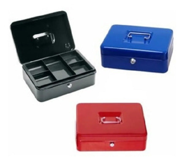Caja de seguridad metálica con cerradura de llave, dos llaves incluidas, bandeja interna desmontable, asa de transporte y diseño compacto para dinero, documentos y objetos de valor.