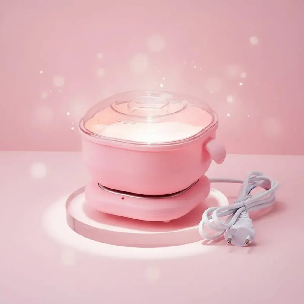 Calentador de cera eléctrico rosado de 100W y capacidad de 400 g, con recipiente de silicona y tapa transparente. Funciona a 110V y ofrece calentamiento rápido.