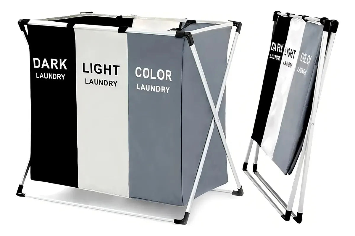 Canasta organizadora para ropa sucia X3 compartimentos en tela Oxford impermeable, con estructura de aluminio, diseño plegable, asas reforzadas y uso interior en hogar, baño o dormitorio.