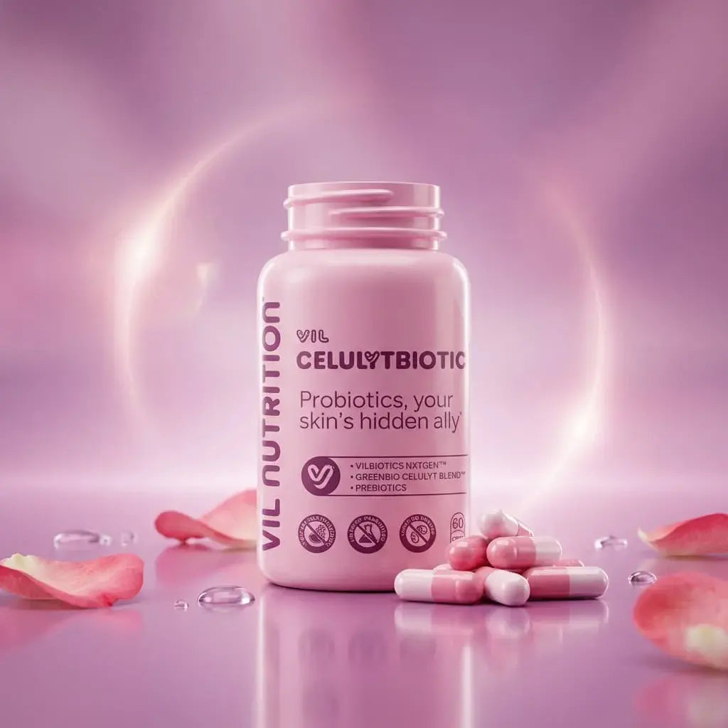 Cápsulas probióticas veganas con extractos naturales que apoyan el bienestar de la piel y el equilibrio corporal desde el intestino.