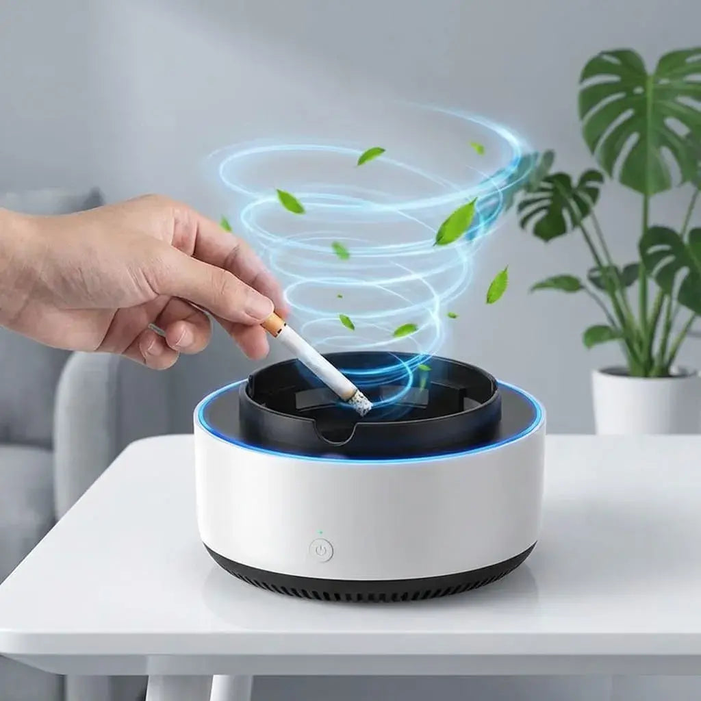 Cenicero eléctrico multifuncional con filtro interno y opción de aromaterapia. Ayuda a reducir olores y mejora el ambiente en espacios cerrados.