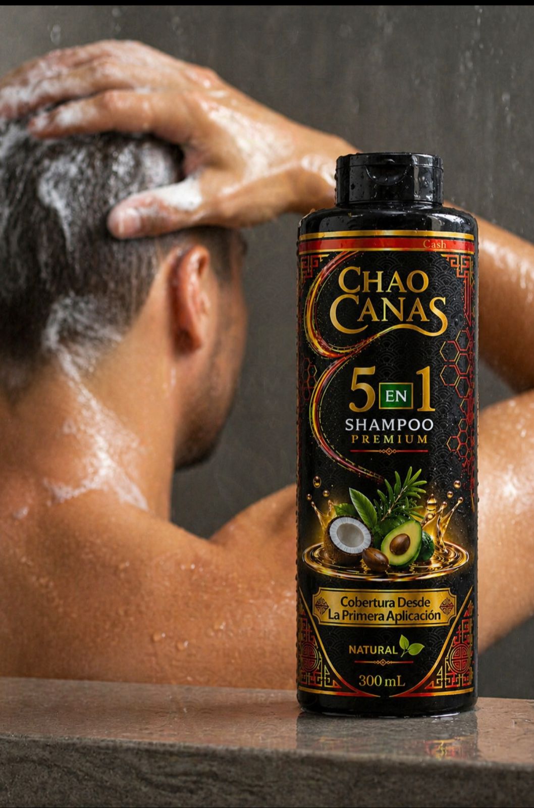 Chao Canas tratamiento capilar 5 en 1 con aguacate para cubrir canas, nutrir, suavizar y revitalizar la apariencia del cabello desde la primera aplicación.