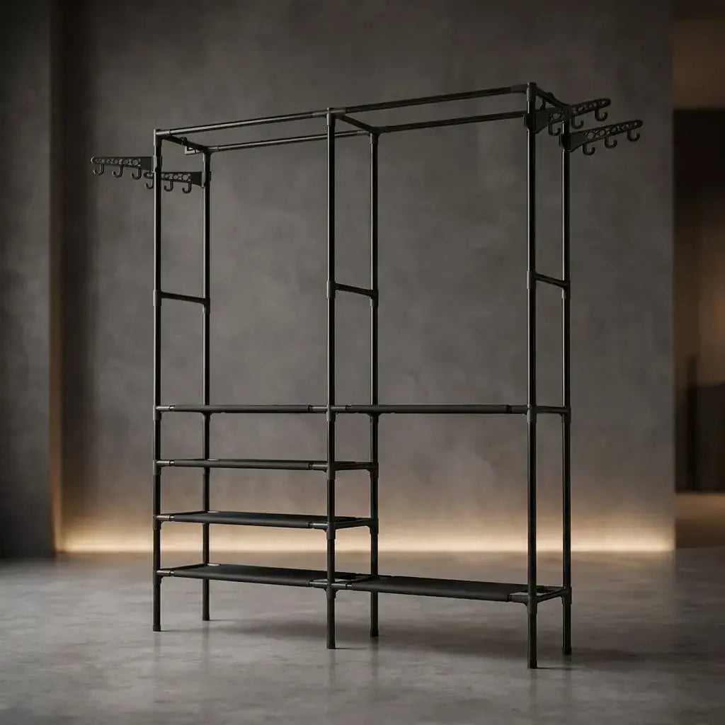 Clóset perchero 2 puestos con zapatero inferior y estructura metálica negra, ideal para organizar ropa, zapatos y accesorios en dormitorios o espacios pequeños.