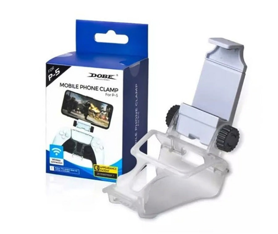 Clip soporte para celular compatible con control PS5 DualSense, con abrazadera ajustable, sujeción firme y diseño práctico para juego remoto y juegos móviles.