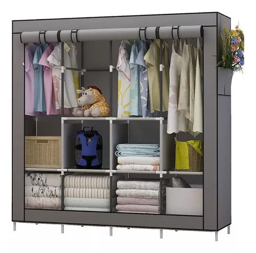 Closet armario portátil extra doble con 4 espacios para colgar ropa, 8 compartimentos organizadores, estructura en aluminio, tela ecológica resistente y armado sin herramientas.