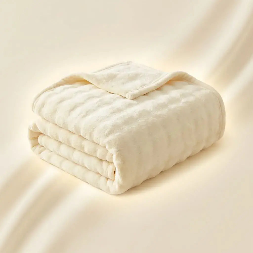 Cobija suave tipo piel de conejo con textura piña, térmica y confortable, ideal para un descanso cálido y acogedor.