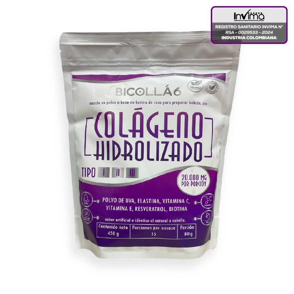 Colágeno Hidrolizado Bicollá 6 con INVIMA, fórmula con colágeno tipo I, II y III, biotina, vitaminas, elastina y resveratrol para complementar el cuidado de piel, cabello, uñas y articulaciones.