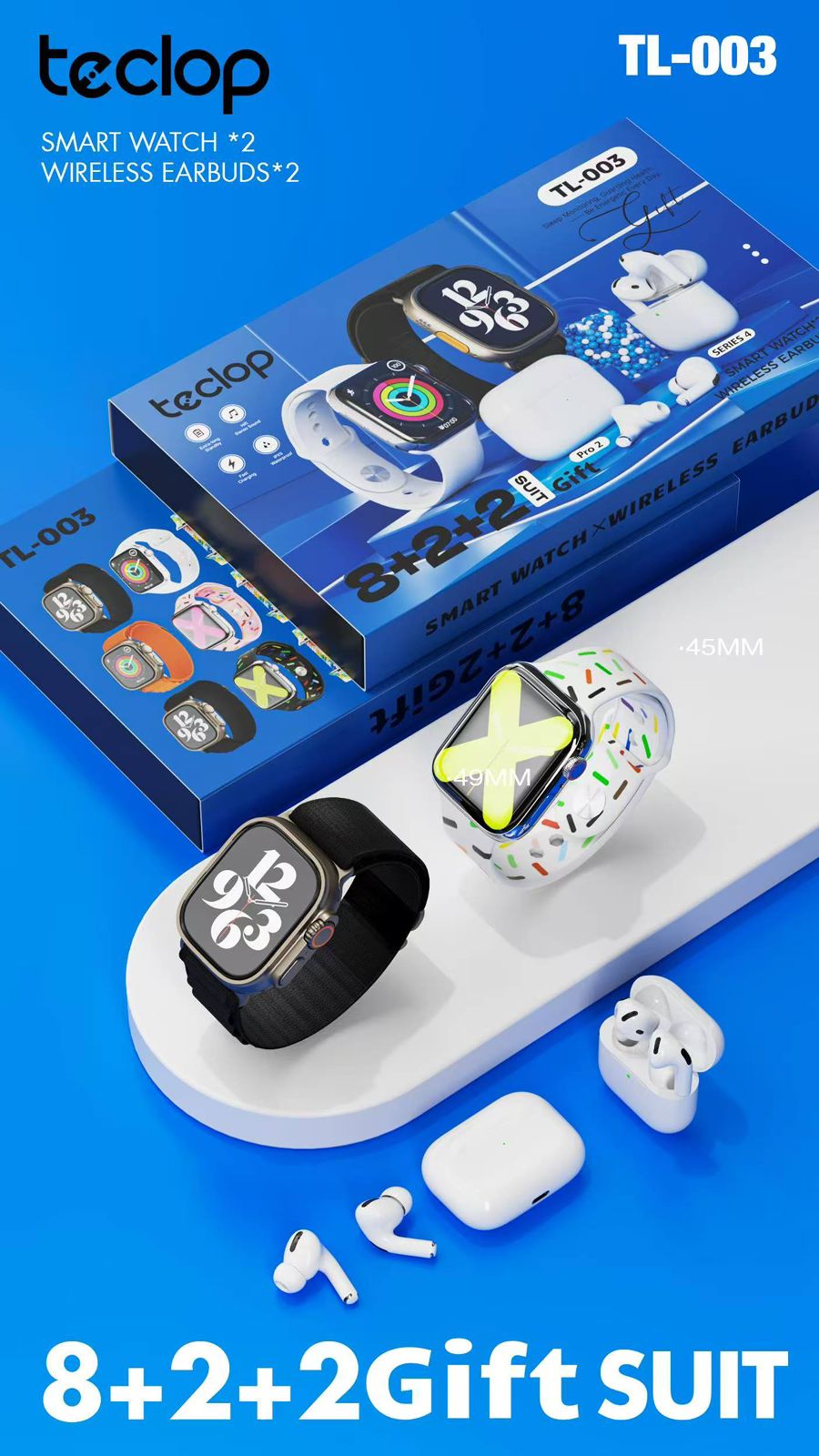 Combo tecnológico con 2 smartwatches, 8 manillas intercambiables y 2 audífonos inalámbricos Bluetooth con estuche de carga, ideal para uso diario o regalo.