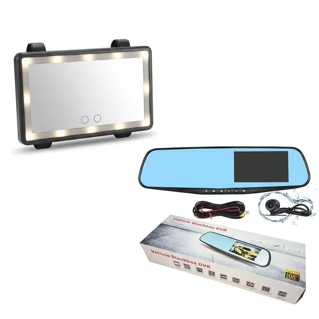 Combo para auto con espejo de visera con luz LED bicolor recargable USB y cámara retrovisor 1080P con pantalla 4.3”, visión nocturna y funcionamiento 12V.