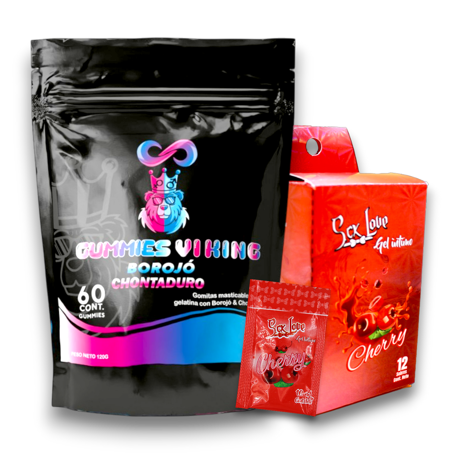 Combo Gummies Vi King con 30 sachets y Sck Love lubricante con 12 sachets. Presentación práctica para adultos enfocada en energía, vitalidad y confort íntimo.