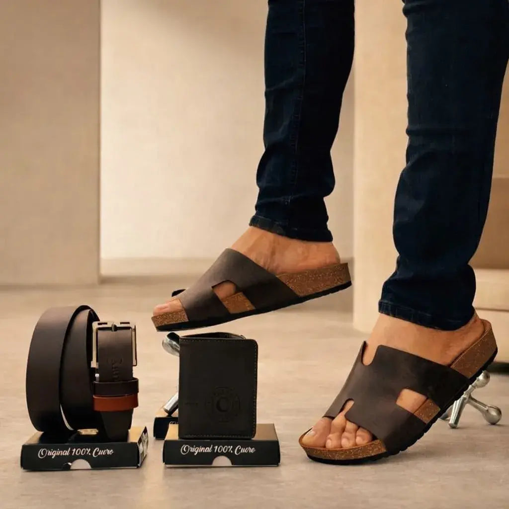 Combo premium para hombre con sandalias en cuero encerado, correa en cuero y billetera tres partes. Elegante, cómodo y funcional para uso diario o regalo.