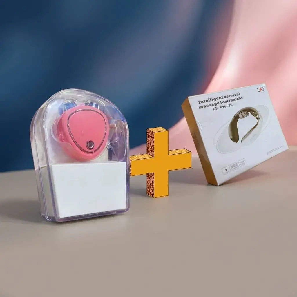 Combo masajeador facial y masajeador cervical eléctrico. Ideal para relajación en rostro y cuello. Práctico, portátil y fácil de usar en casa.