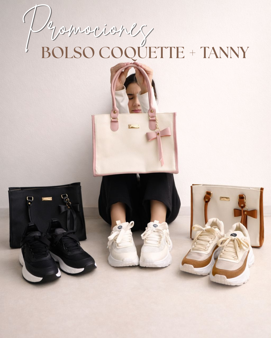 Combo para mujer con tenis deportivos ultralivianos y bolso estructurado elegante en material importado. Ideal para oficina, universidad y uso diario con estilo y comodidad.