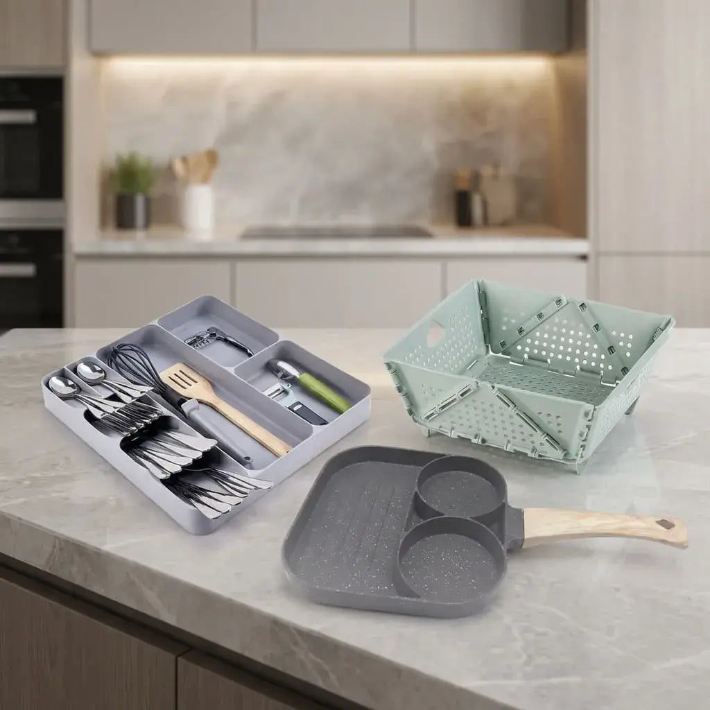 Combo premium para cocina con organizador de cubiertos, sartén 3 puestos, canasta plegable y freidora manual, práctico y funcional.