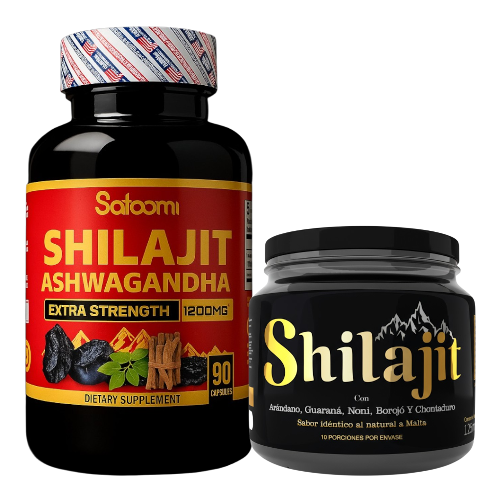 Combo Shilajit Ashwagandha 1200 mg con 90 cápsulas y jalea mineral 120 mL. Suplemento natural para energía, concentración, resistencia y bienestar en adultos.