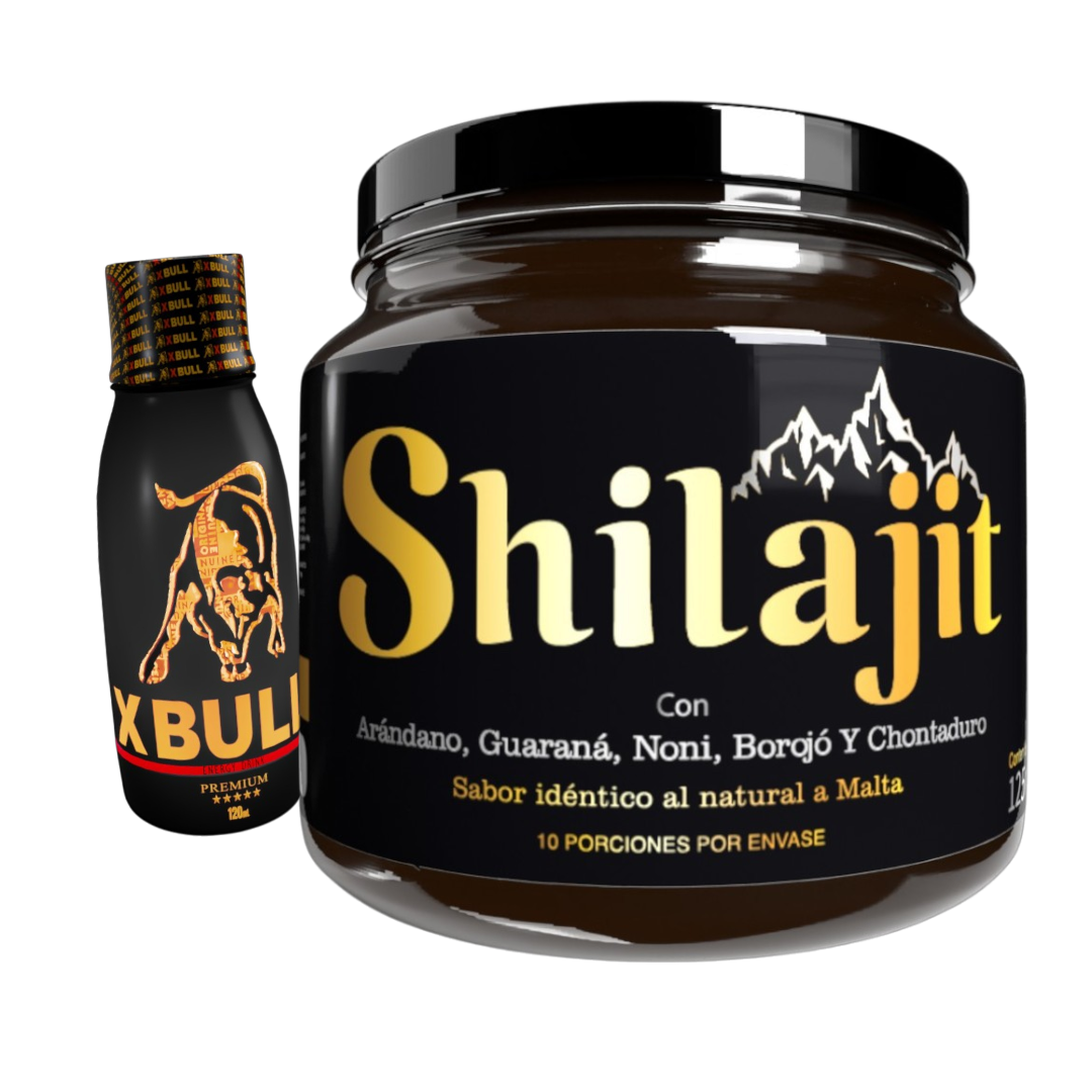 Combo Shilajit Original 125 mL con X Bull Jarabe 120 mL. Suplemento natural para adultos enfocado en energía, vitalidad, bienestar general y conexión en pareja.