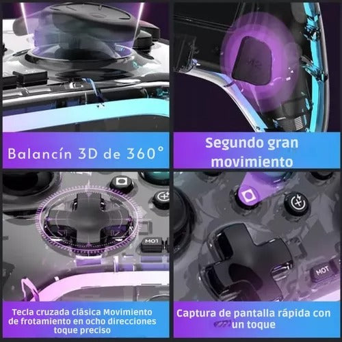 Control inalámbrico gamepad transparente RGB con Bluetooth 5.0, porta celular, función Turbo, botones programables, vibración dual y compatibilidad con Android, iPhone, PC, Switch, PlayStation y Steam Deck.