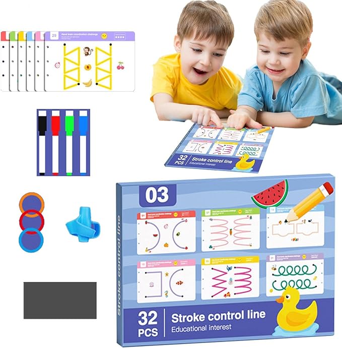 Cuaderno de ejercicios reutilizable para niños con actividades de caligrafía, control de lápiz y aprendizaje preescolar. Incluye marcadores borrables y accesorios educativos.