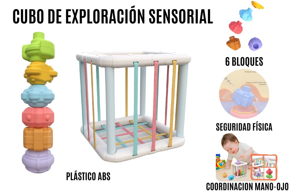 Cubo sensorial de actividades para bebé con clasificador de formas y bloques. Juguete educativo que estimula motricidad, coordinación y aprendizaje temprano de colores y figuras.