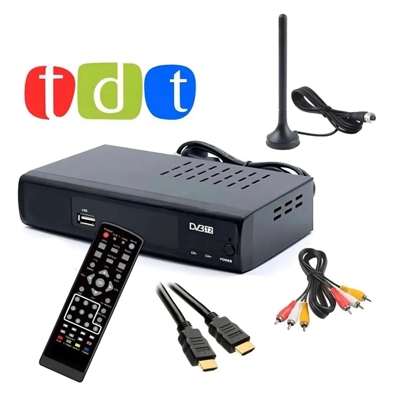 Decodificador TDT con antena, cable HDMI, control remoto, pilas y manual. Recibe canales nacionales disponibles sin mensualidades.