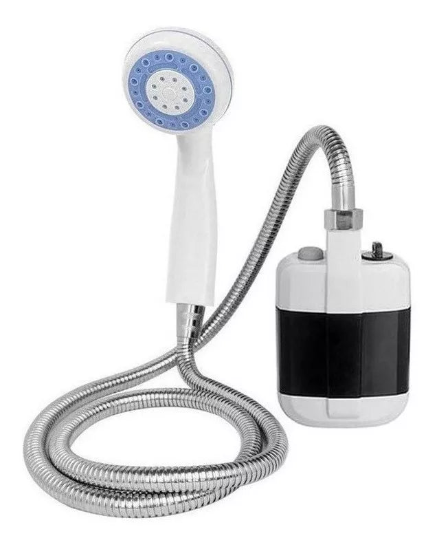Ducha portátil eléctrica recargable USB con bomba sumergible, batería de 2200 mAh, flujo de 4 a 5 L/min, autonomía hasta 2 horas y uso para camping, viajes, mascotas o exteriores.
