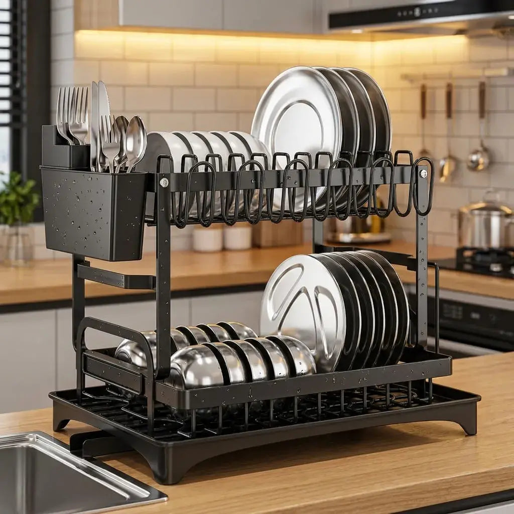 Escurridor de platos multifuncional en acero al carbono con portavasos, soporte para cubiertos y tabla de cortar. Medidas aproximadas de 42 x 29 x 29 cm.