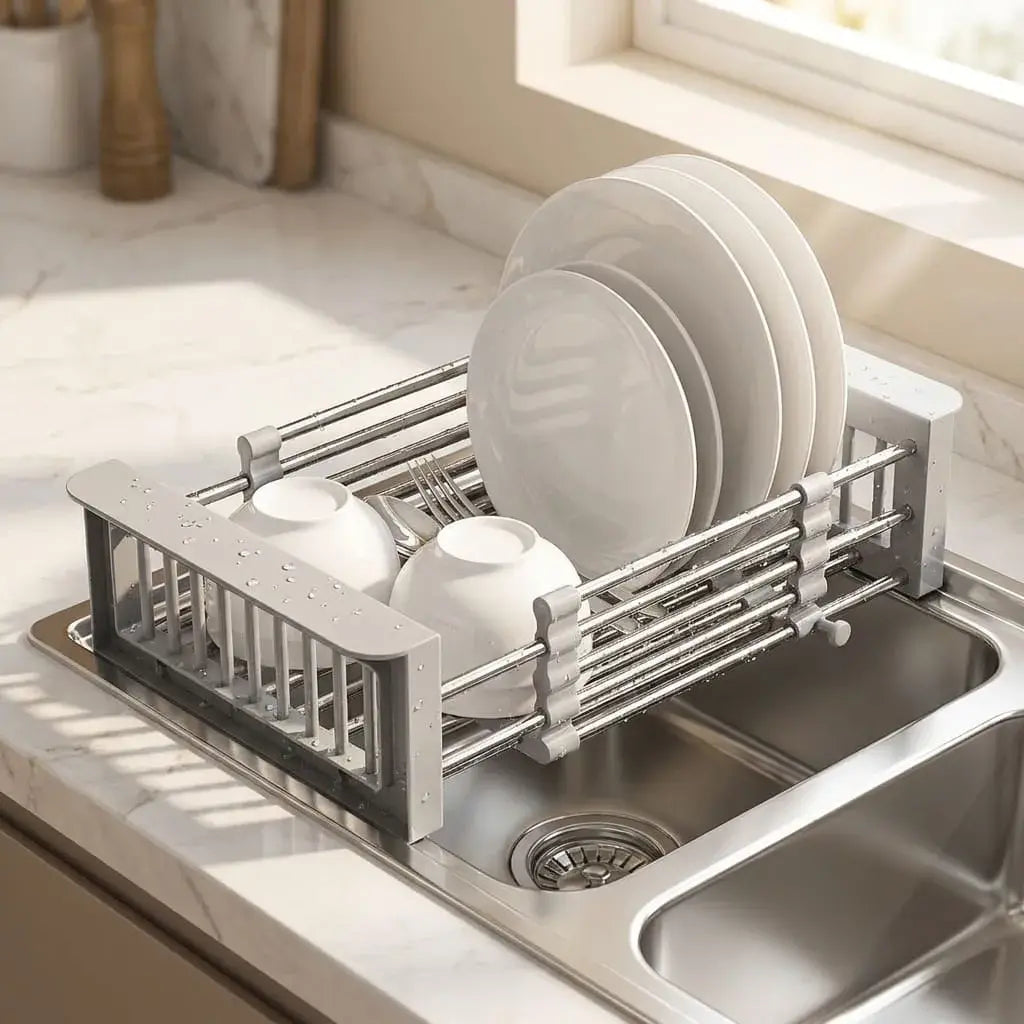 Escurridor de platos extensible para fregadero en acero inoxidable, silicona y ABS. Diseño retráctil, antideslizante y práctico para cocina.