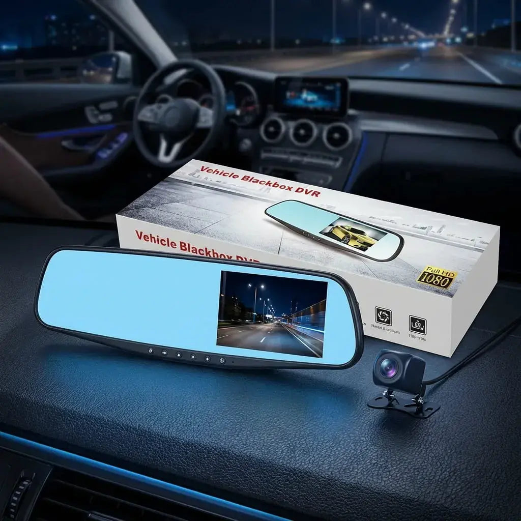 Espejo retrovisor DVR con cámara frontal 1080P y pantalla 4.3”. Incluye visión nocturna, detección de movimiento y funcionamiento 12V.