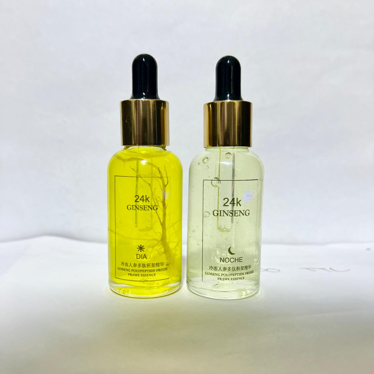Tratamiento facial antiedad con ginseng 24K que ayuda a mejorar la apariencia de arrugas y aporta luminosidad a la piel.
