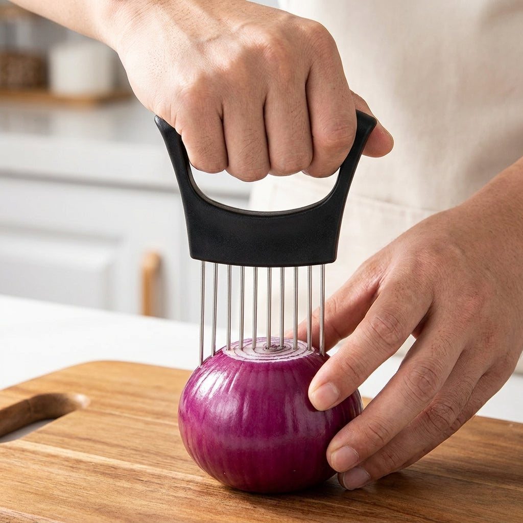 Guía de corte en acero inoxidable para cocina. Sujeta carnes, verduras y alimentos durante el corte, ayudando a mejorar precisión, control y seguridad.