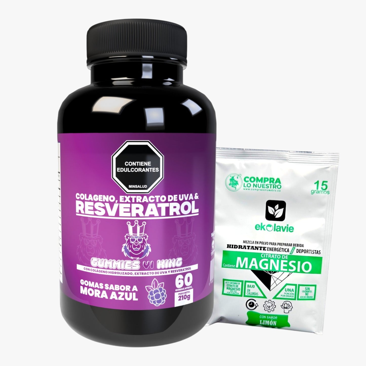 Gummies Vi King Resveratrol sabor mora azul con 60 gomitas. Fórmula con colágeno hidrolizado, extracto de uva, vitaminas C, B6, E y biotina para bienestar general.