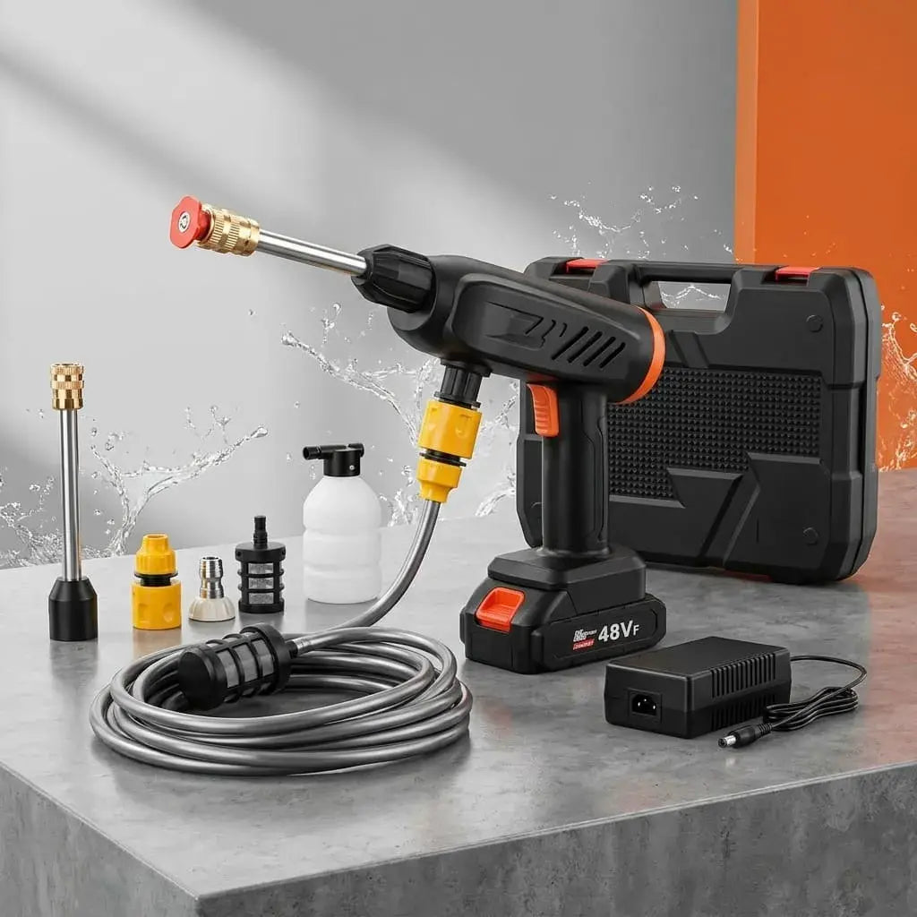 Hidrolavadora inalámbrica portátil 48V recargable con presión hasta 464 PSI, manguera de 3 metros y boquillas para lavar carros, motos y patios.