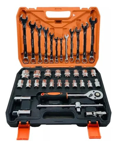 Juego de herramientas de 37 piezas en acero Chrome Vanadium con copas, llaves mixtas milimétricas, ratchet de desacople rápido, accesorios mecánicos y caja plástica portátil.