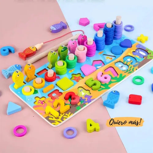 Juguete educativo para niños que enseña formas, colores, números, letras y apilamiento. Estimula el desarrollo cognitivo, lógico y motor de forma divertida.