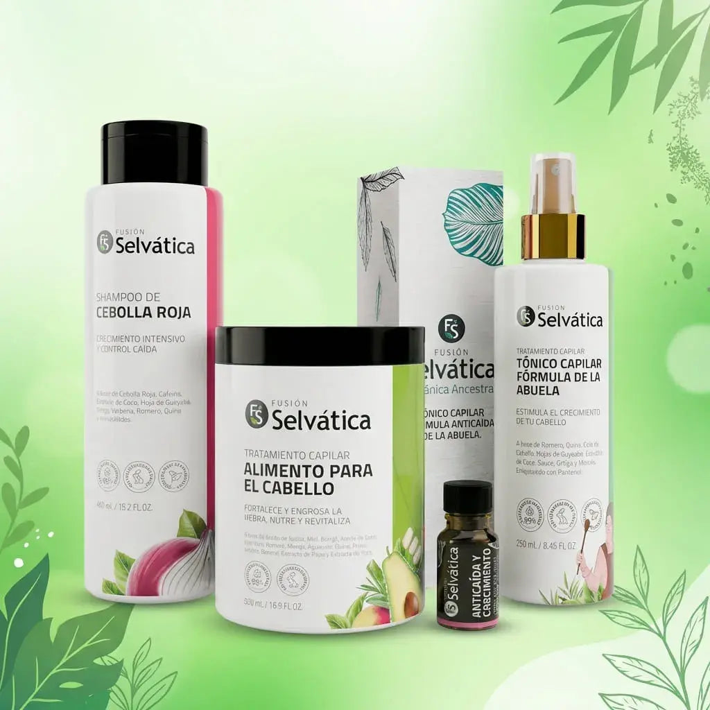 Kit capilar anticaída para mujer con ingredientes naturales. Incluye tónico, shampoo, ampolleta y tratamiento nutritivo para fortalecer el cabello y estimular su crecimiento con uso constante. Ideal para rutina completa.