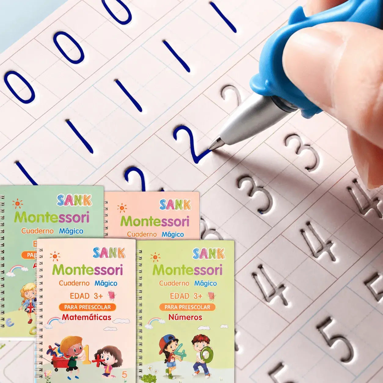 Kit de caligrafía infantil con 4 libros reutilizables y tinta mágica. Incluye 10 minas y fomenta el aprendizaje de forma divertida.