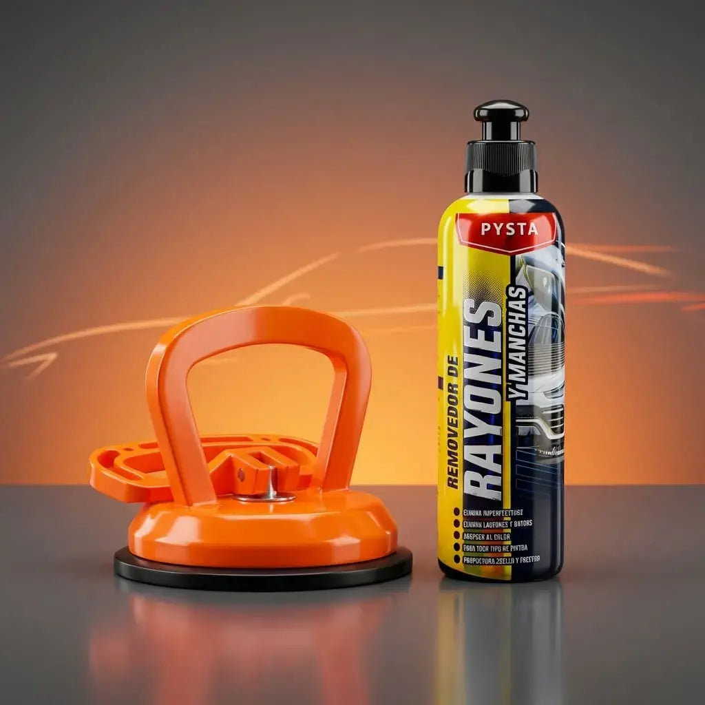 Kit con ventosa sacagolpes de 2 pulgadas y removedor de rayones para carro. Ideal para abolladuras pequeñas y rayones superficiales. Fácil de usar en casa.