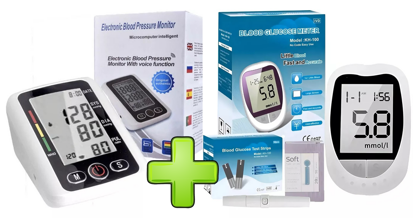 Kit tensiómetro con voz y glucómetro digital para medir presión y glucosa fácil desde casa.
