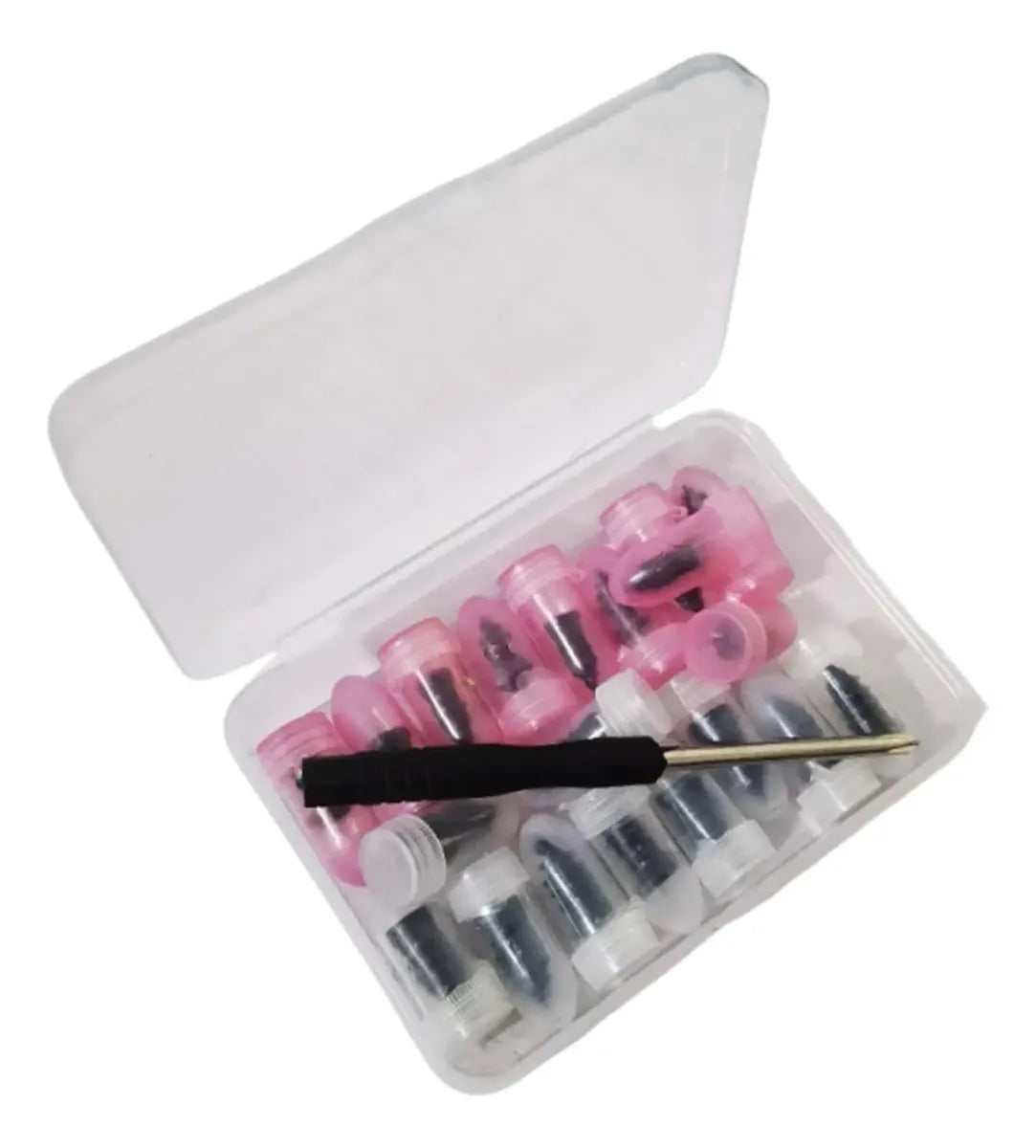 Kit con 30 tapones de goma en dos tamaños y destornillador para reparación temporal de perforaciones pequeñas en neumáticos sin cámara.