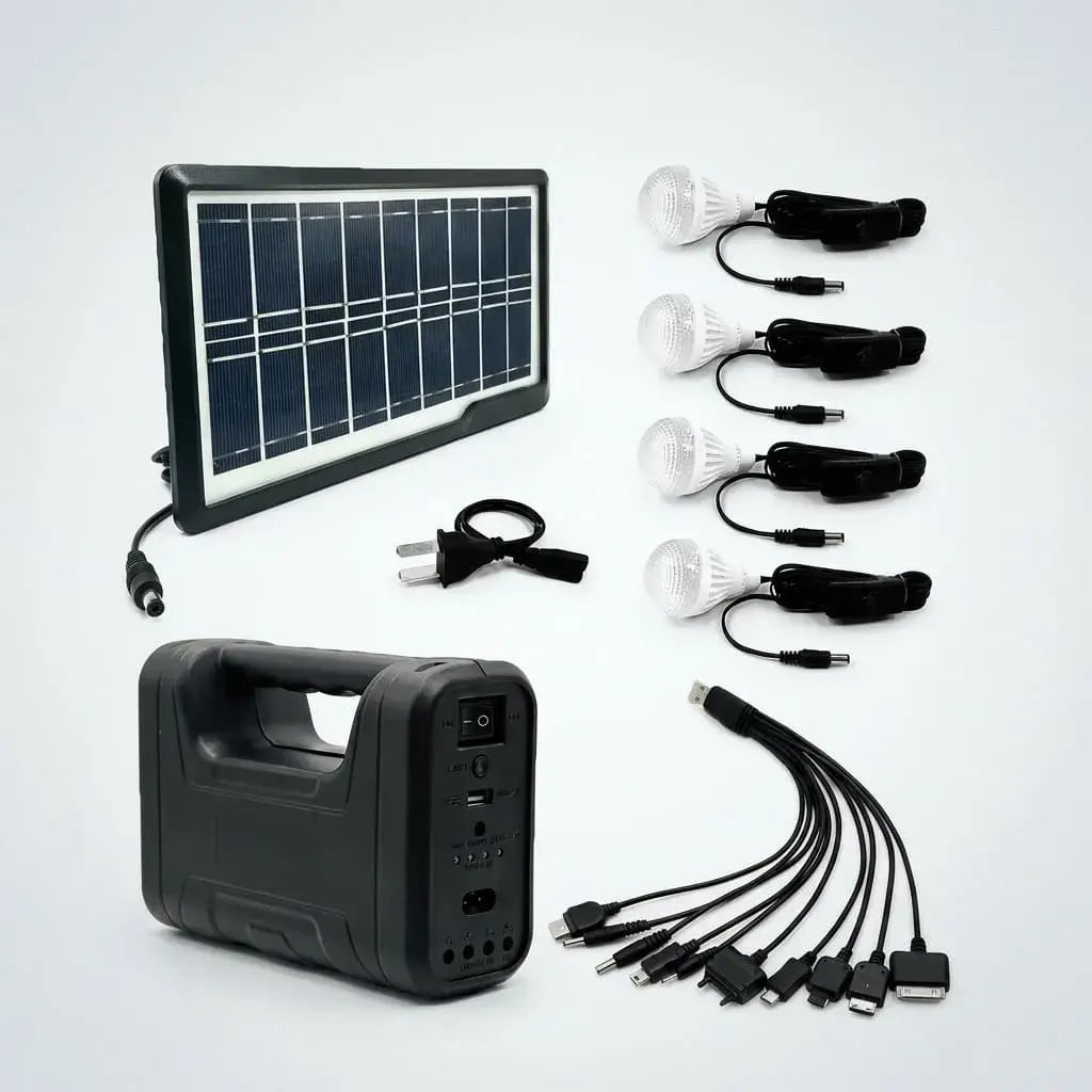Kit panel solar portátil recargable con 4 bombillos LED, batería integrada, linterna y salida USB. Ideal para fincas, campamentos y cortes de luz.